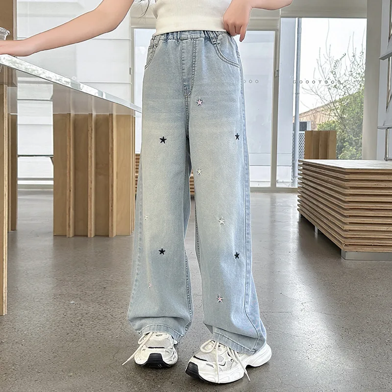 Spring Summer New Girls Jeans Embroidery Five-pointed Star Kids Loose Trousers Teen Children's Stylish Denim Wide Leg Pants