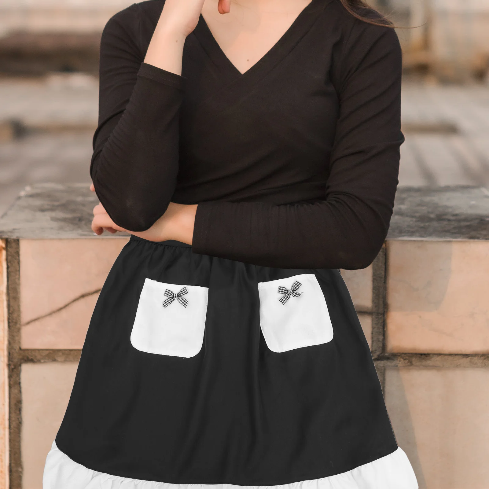 

Vintage Half Apron With Pockets Black Retro Ruffle Waist Cooking Baking Bartender Server Chef Maid Cosplay Costume For
