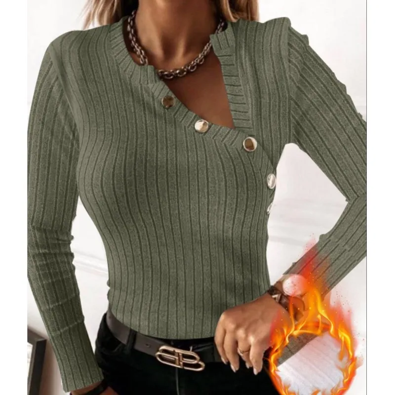 Women shirt trend asymmetrical collar long sleeved wool lined ribbed top front V-neck metal button slim fit T-shirt women's top