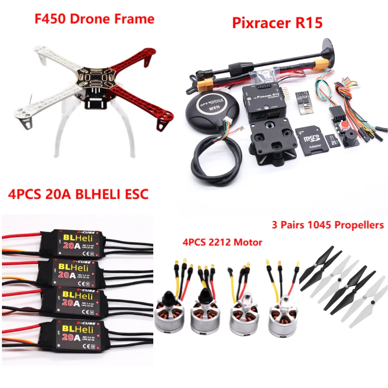 

F450 Drone Kit Pixracer R15 Flight Control Ardupilot Quadcopter BLHELI 20A 2212 Motor ESC Landing Gear