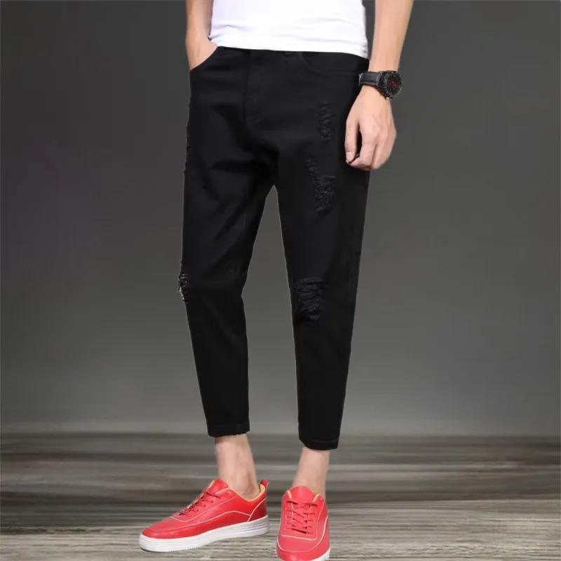 Black Denim Pants Ripped Distressed Mens Plus Size 42 40 Holes White Male Scratched Ankle Length Trousers Boys Pencil Jeans