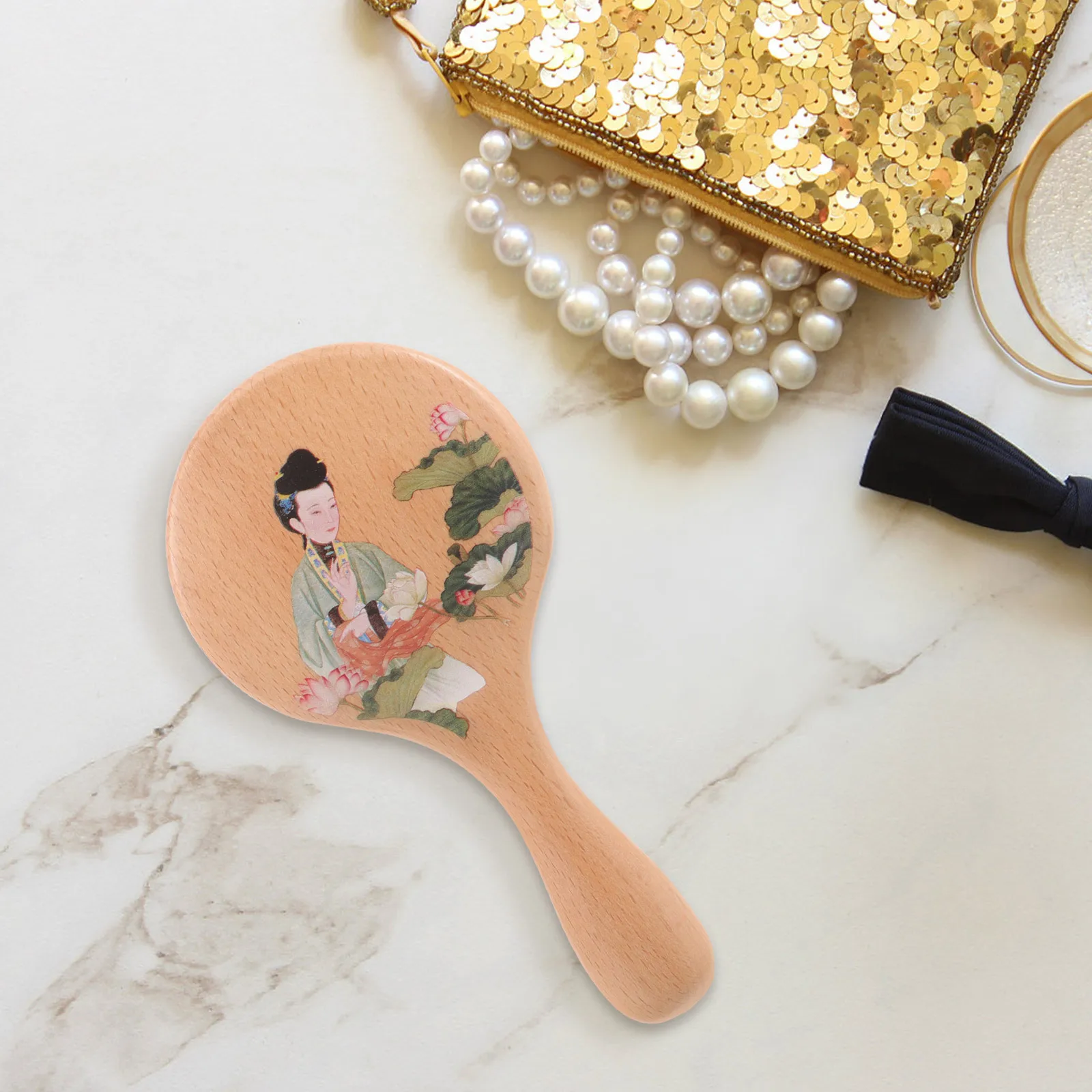 

Solid Wood Handle Makeup Portable Vintage Small Handheld Mirror for Women Girls Travel Daily Use Bedroom Bathroom