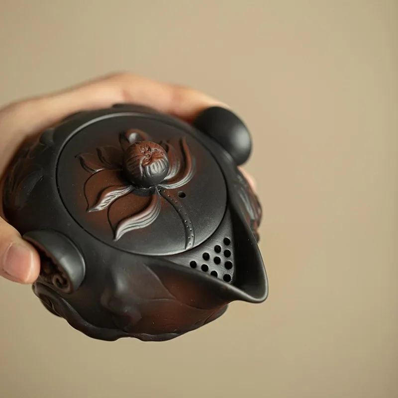 1PC 150ML Chinese Purple Pottery Lotus Ruyi Teapot Grab Pot Treasure Vase Pot Tea Table Decoration Ornament Brewing Teapot Gifts