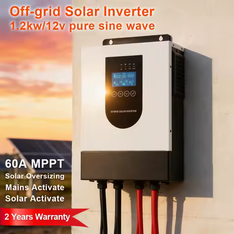 1.2kW 12V/220V Off Grid Solar Inverter UPS Pure Sine Wave, Supports Lithium Lead Acid Gel Batteries, Built-in 60A MPPT