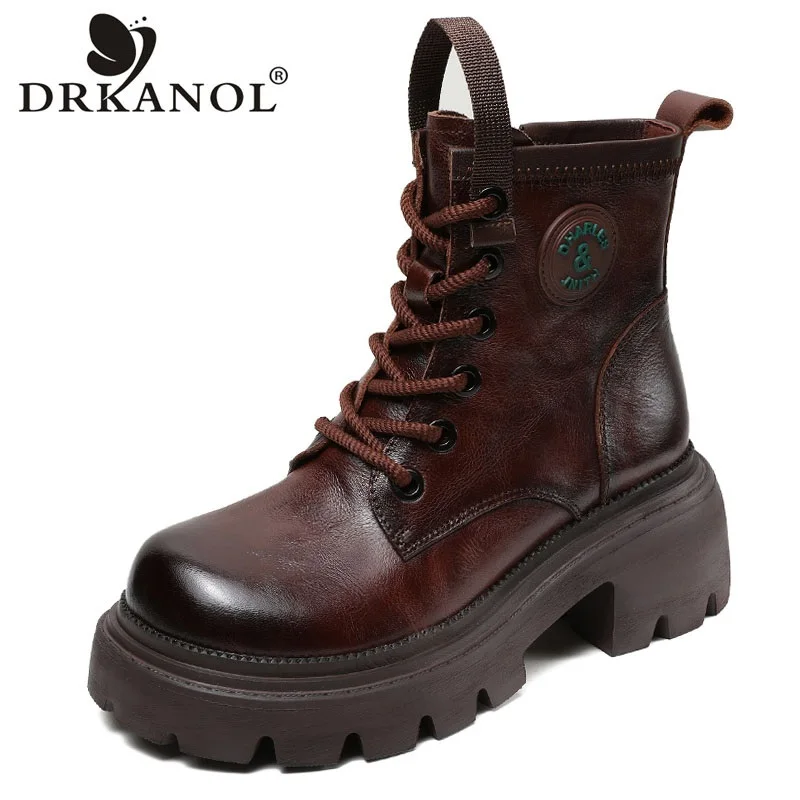 DRKANOL 2024 New Design Handmade Retro Winter Mid Calf Boots Women Thick High Heel Platform Round Toe Genuine Cow Leather Boots