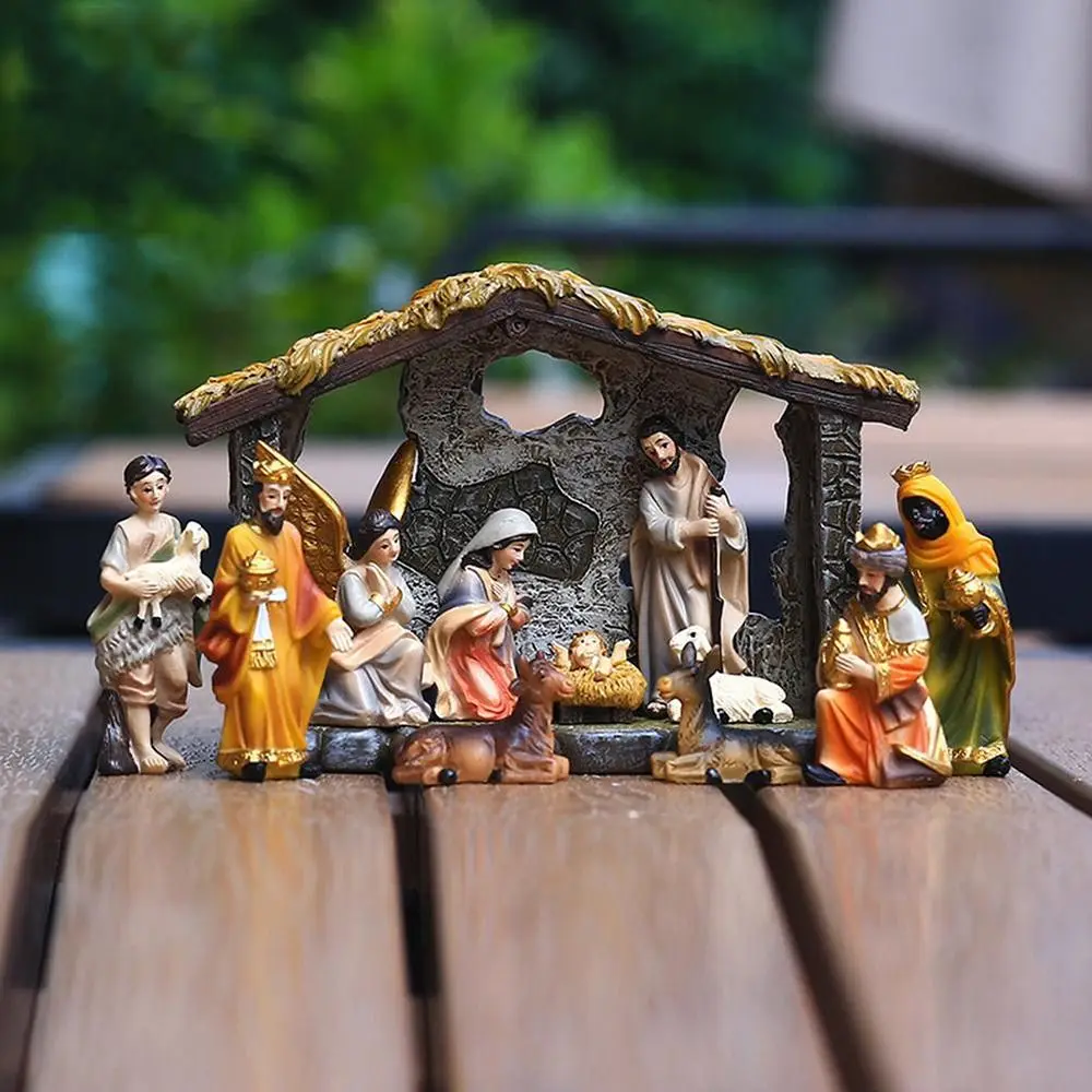 

12pcs Resin Christmas Manger Set Christmas Ornament Holy Family Crafts Jesus Crafts Statue Statue Decor Nativity Scene