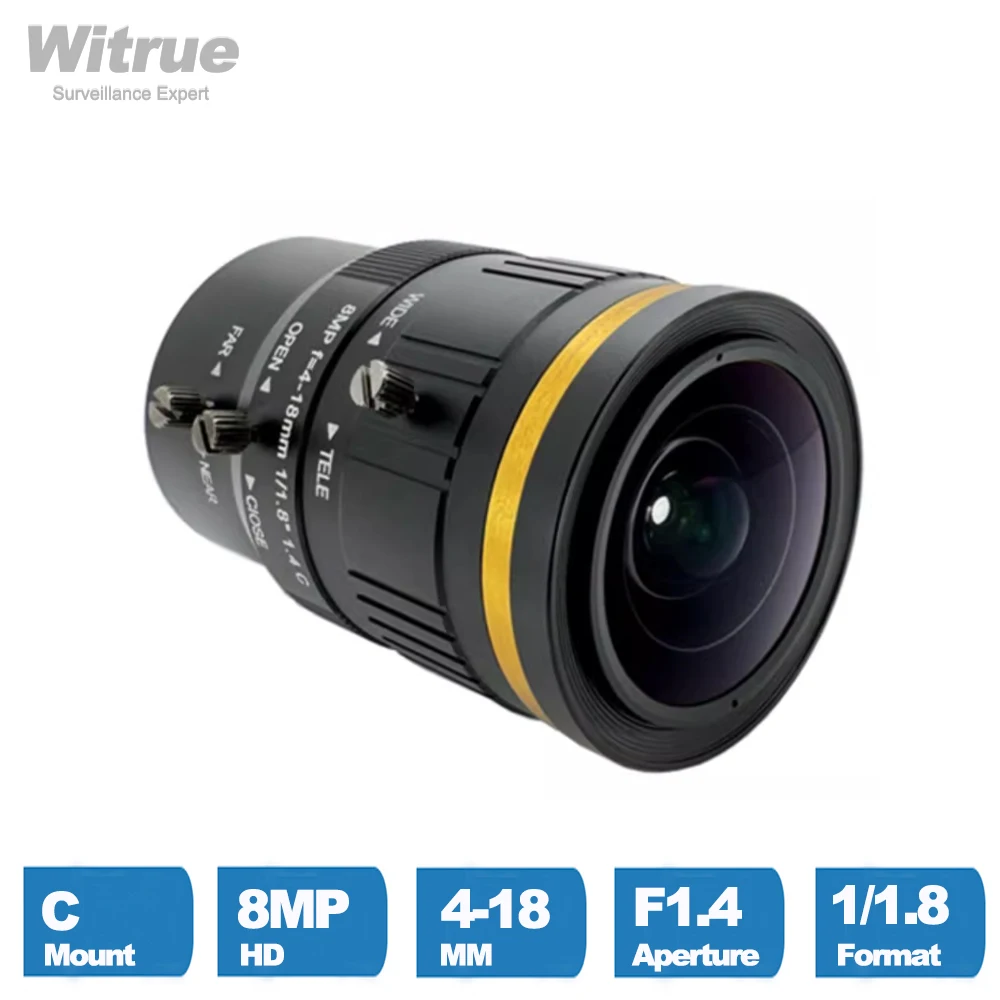 Witrue HD 4K 8-megapikselowy obiektyw zmiennoogniskowy z mocowaniem C 4-18 mm Apertuer F1.4 Format 1/1.8 do kamer monitorujących