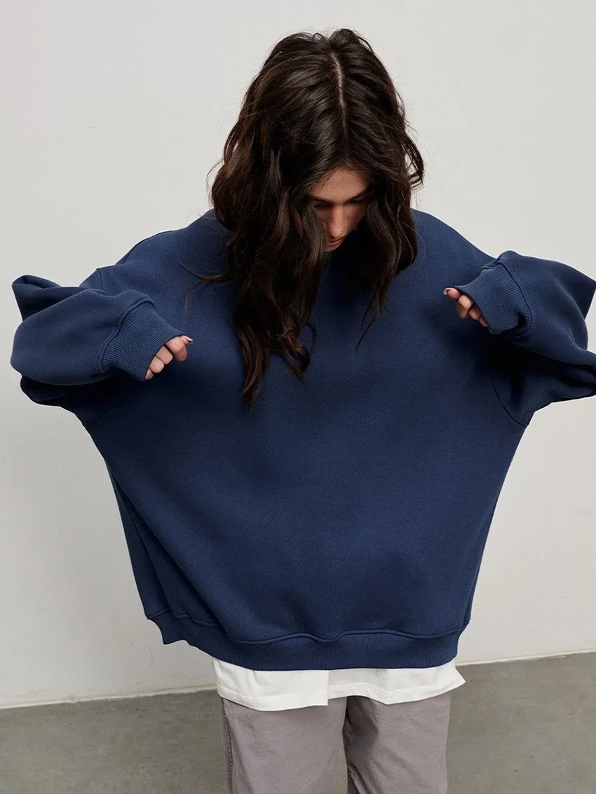 Round Neck Pullover Hoodie Mid Length Alternative Street with Loose Fit Single Regular Thickness Streetwear Women Sweatshirts