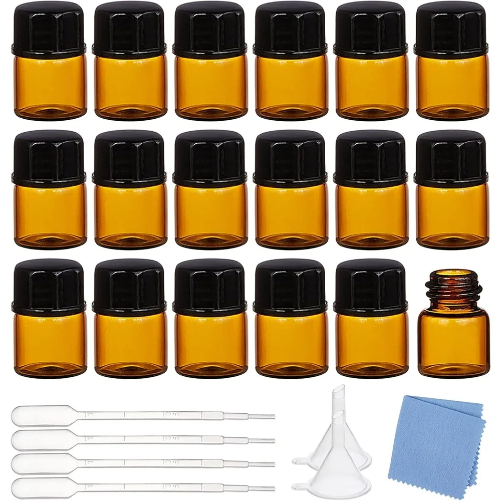 50 Pack 1ml Mini Amber Glass Essential Oil Sample Bottle Refillable Glass Orifice Bottle with Pipettes Funnels Hoppers and Cloth