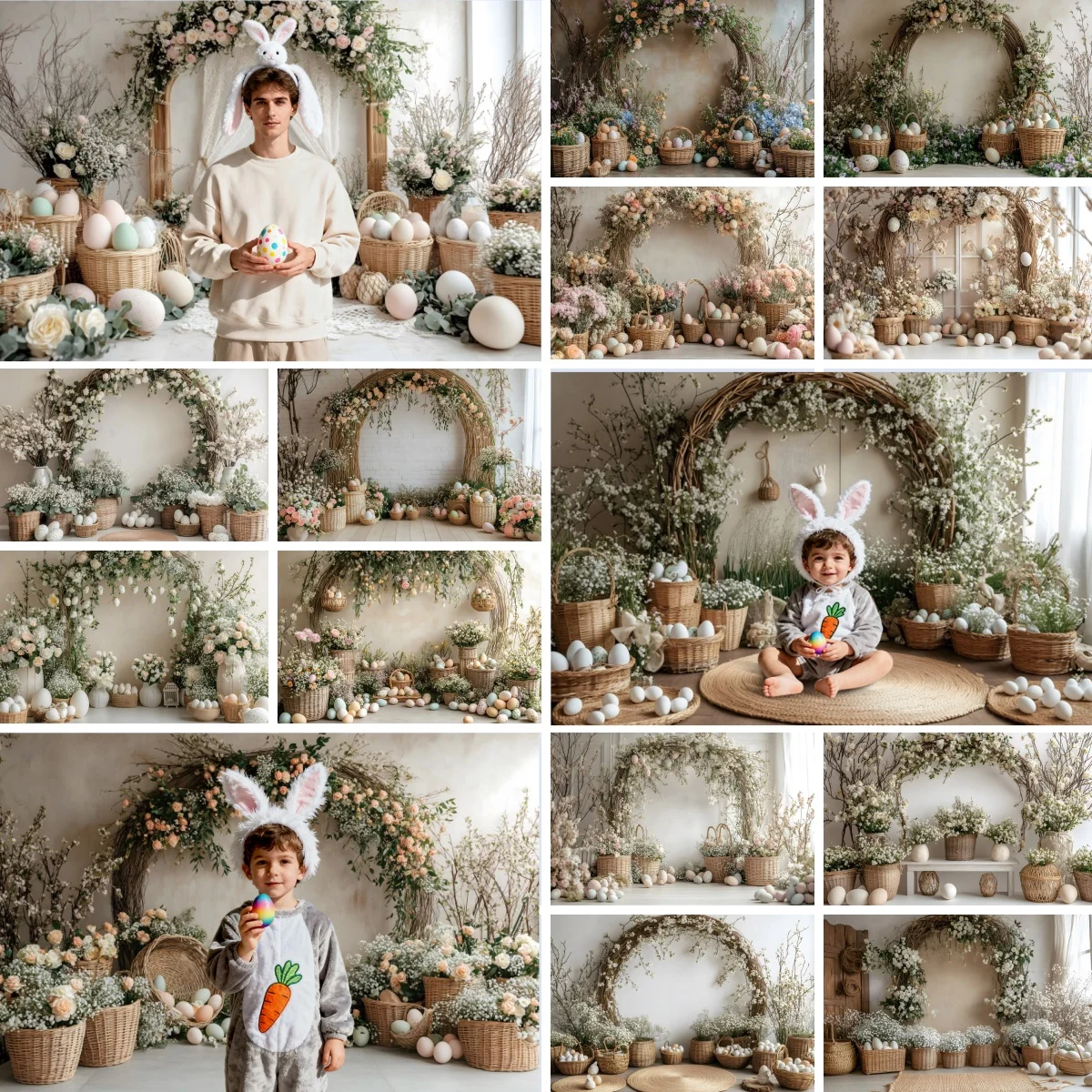 Spring Easter Photography Background Boho Flowers Arched Wall Eggs Baby Shower Kids Easter Party Portrait Decor Photo Backdrop