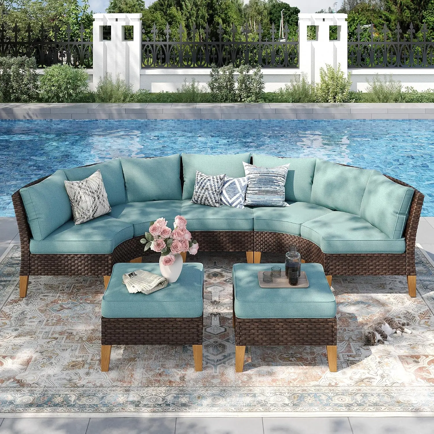 5 Pieces Wicker Patio Sectional Sofa Set, Half Moon, Aqua Blue, Customized