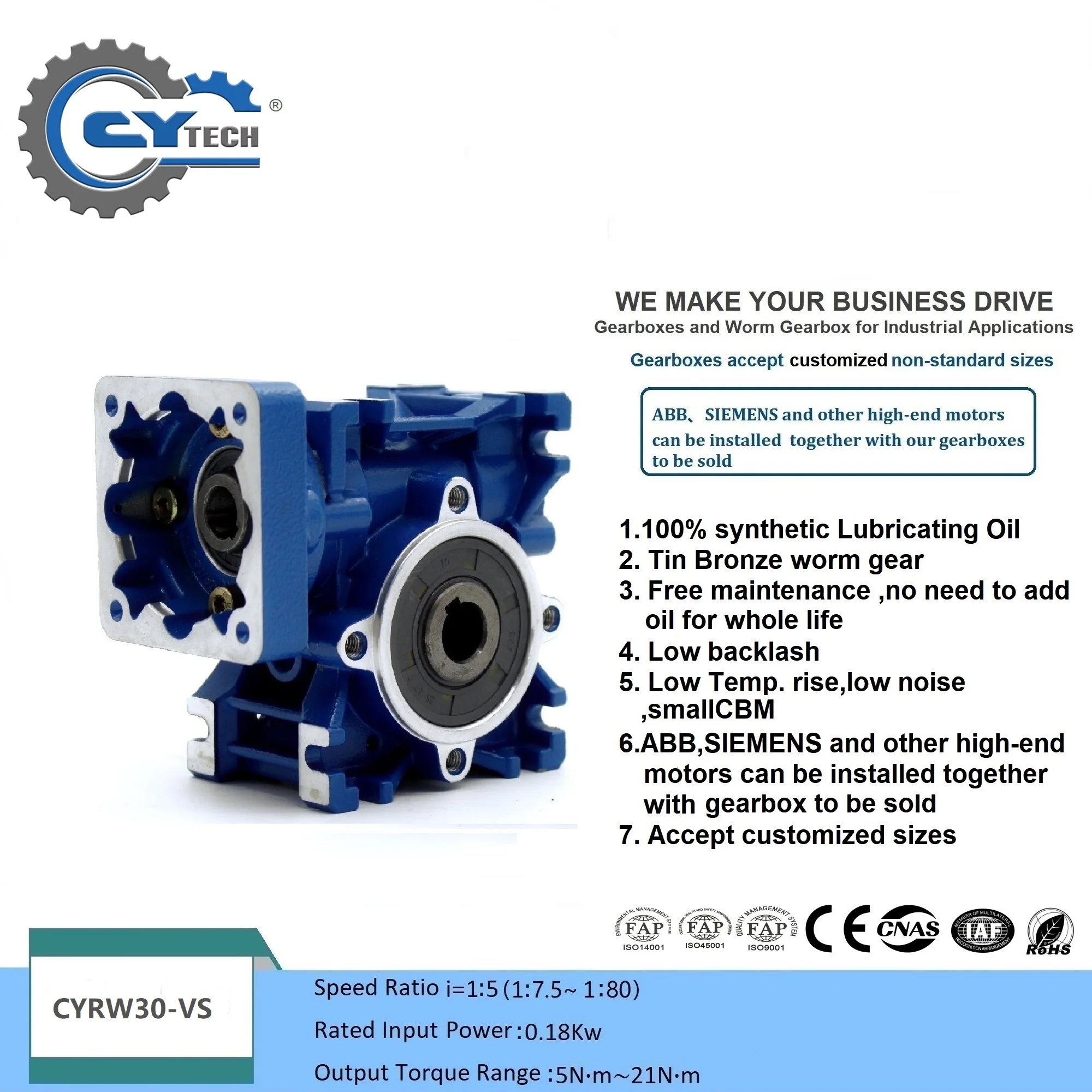 Worm Gearbox CYRW-VS 030 Gear reducer  Input 9/11mm Flange 56B5/63B14 Output 14mm Ratio 5:1-80:1 Tin bronze free-maintenance