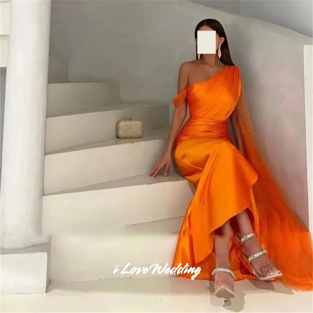 오렌지 원숄더 프롬 드레스 비즈 장식 숄 슬리브리스 머메이드 백리스 졸업 파티 드레스 주름 맞춤 제작