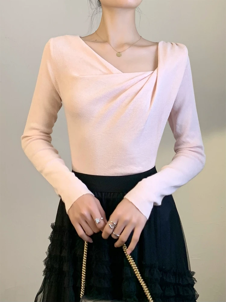 

Асимметричный вязаный топ с косым воротником, длинными рукавами, облегающий, с V-образным вырезом, розовый, для ношения под одеждой, дизайн Весна 2026, нежный стиль, женский F...