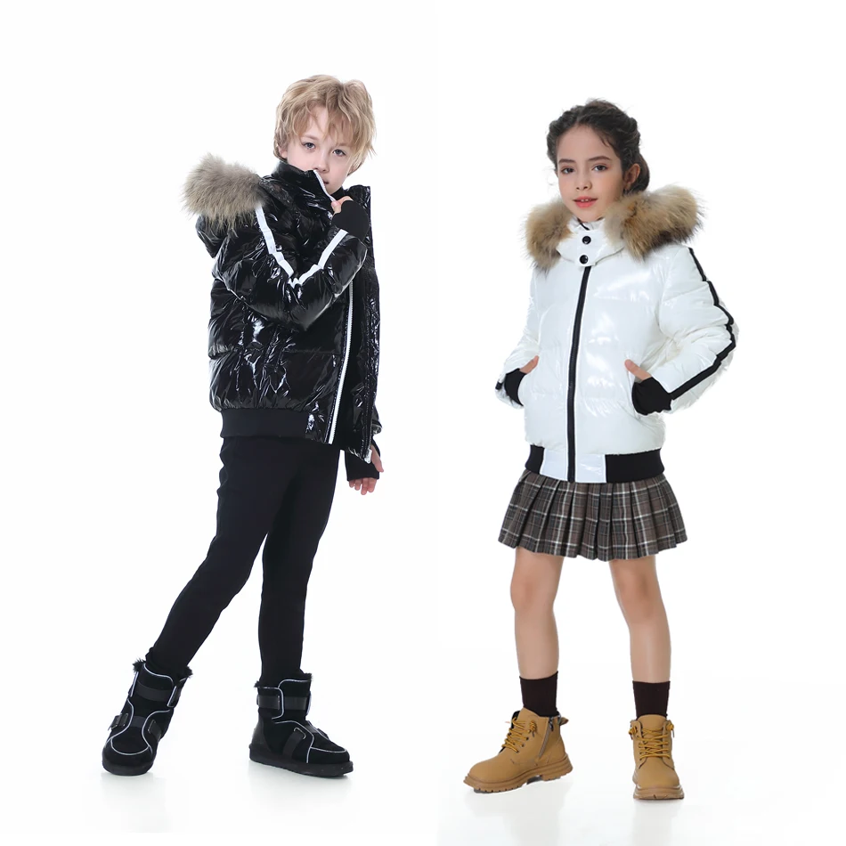 Fashion down jacket for boys girls filling duck down coats nature fur glossy wind-resistant water-repellent