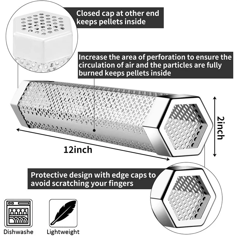 LMETJMA Hexagon Pellet Smoker Tube 12 inch Stainless Steel BBQ Wood Pellet Tube Smoker for Cold/Hot Smoking 5 Hours JT185