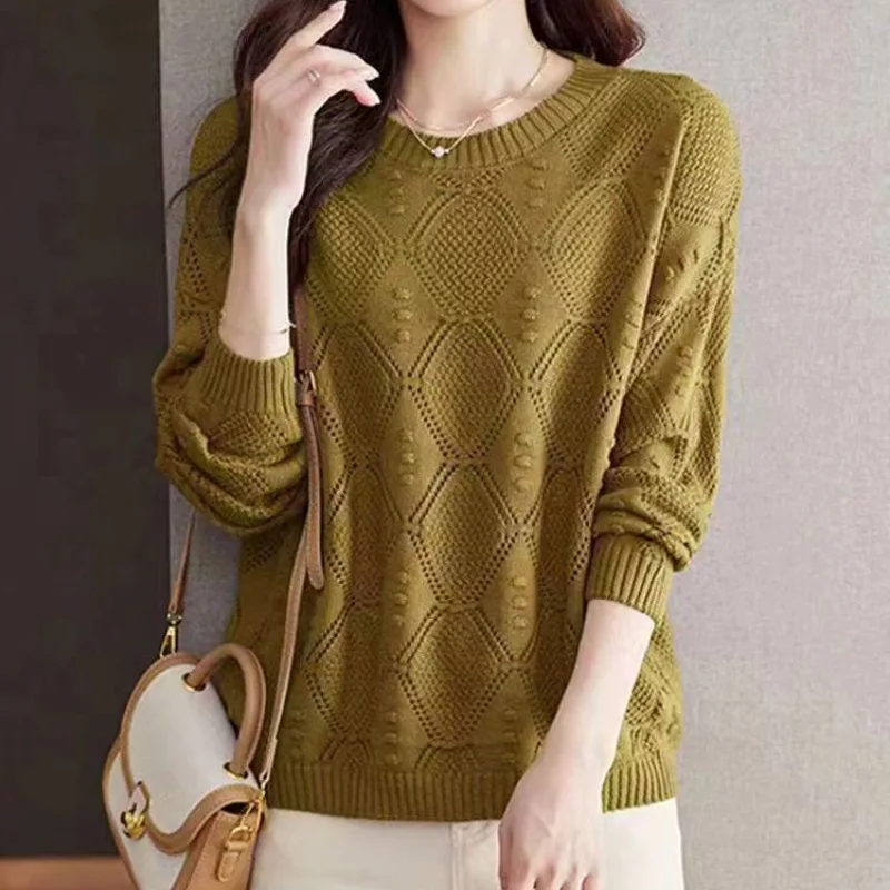 2024 Women\'s Spring and Autumn New Fashion Round Neck Solid Hollow Out Knitted Sweater Loose Long Sleeve Pullover Versatile Tops