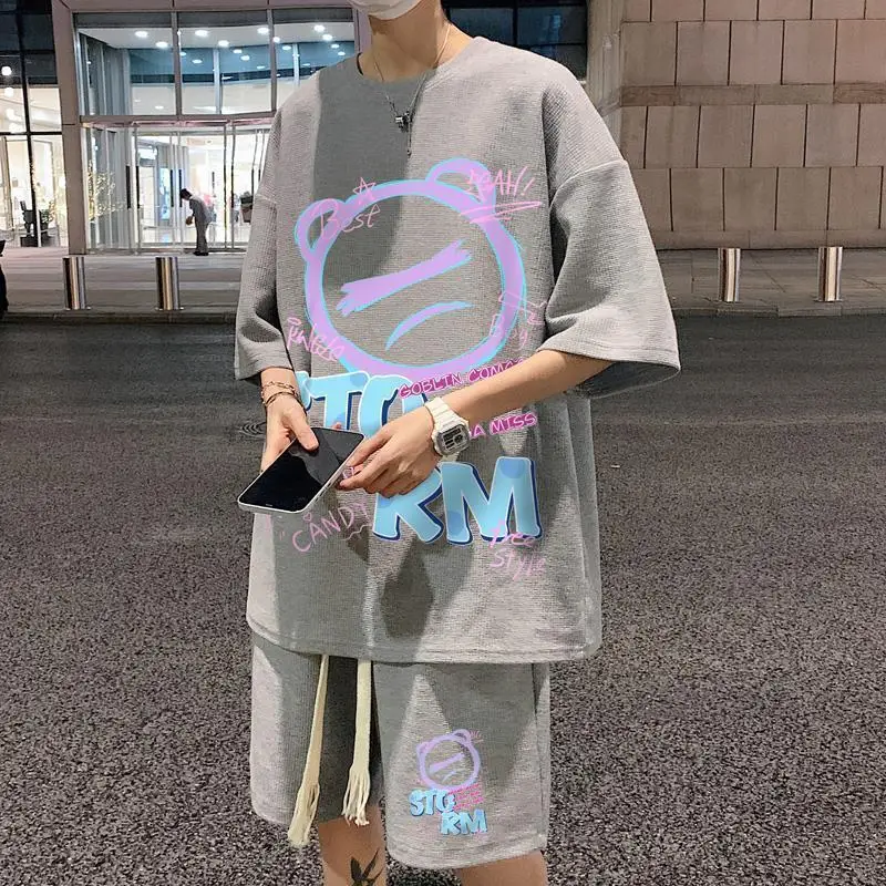 

Мужской летний костюм в гонконгском стиле, футболка с короткими рукавами, повседневный спортивный красивый комплект в тон