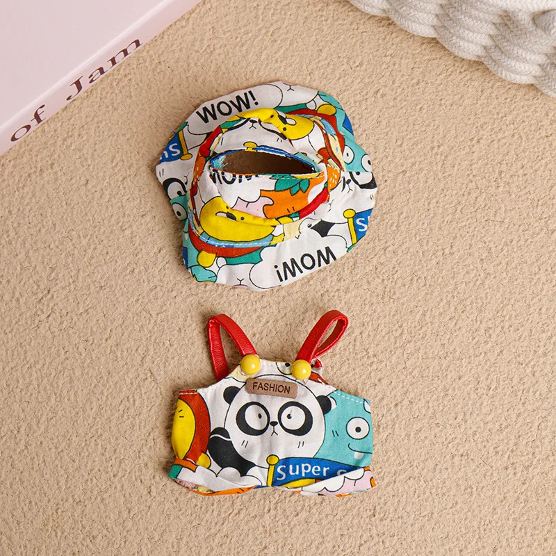 Neues 17 cm großes Labubu-Puppen-Overall-Set mit Kapuze, Fischerhut, gestreift, kariertes Tier, glänzende Muster, Vinyl-Figur, Schlüsselanhänger-Outfit