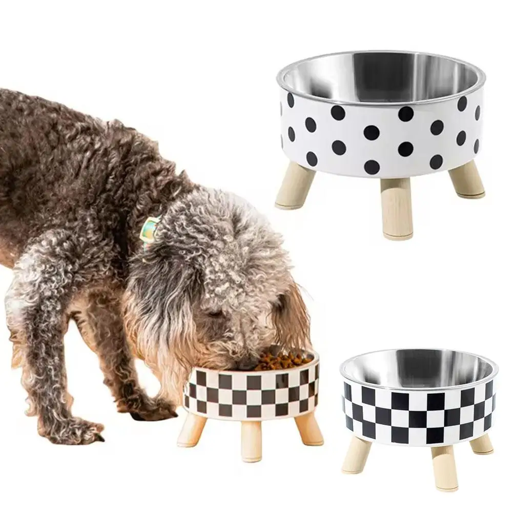 Pet Bowl Polka Dot Plaid High Legs Cat Bowl Stainless Pet Supplies Dog Household Heightened Steel Neck Guard Bowl T8B9