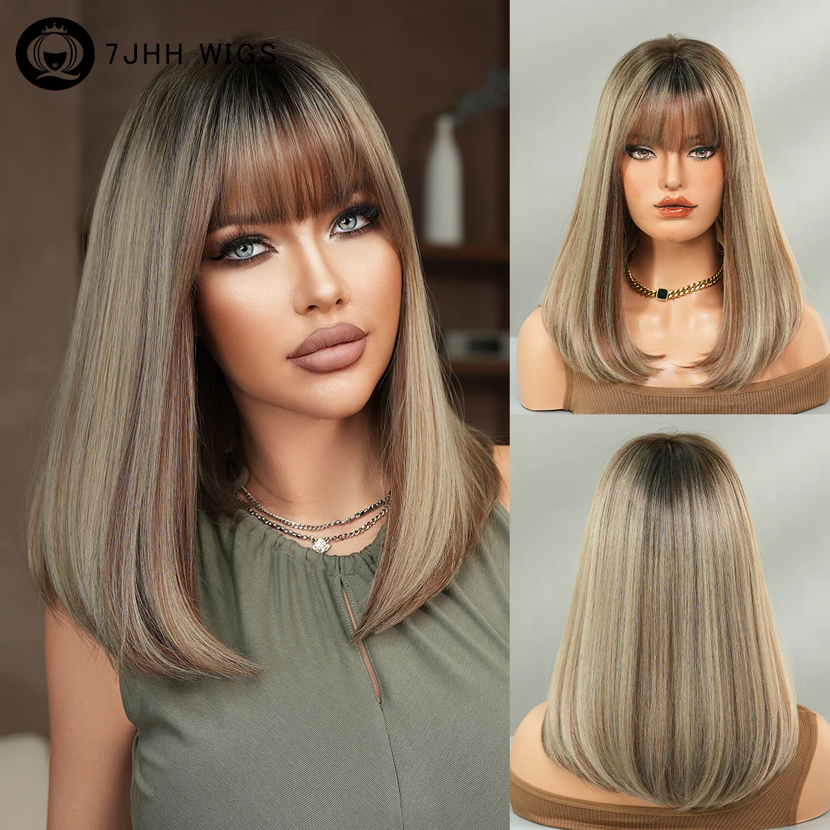 

Shoulder Length Straight Ash Brown Wig for Women Daily Use High Density Synthetic Layered Heat-Resistant Wigs with Dark Roots