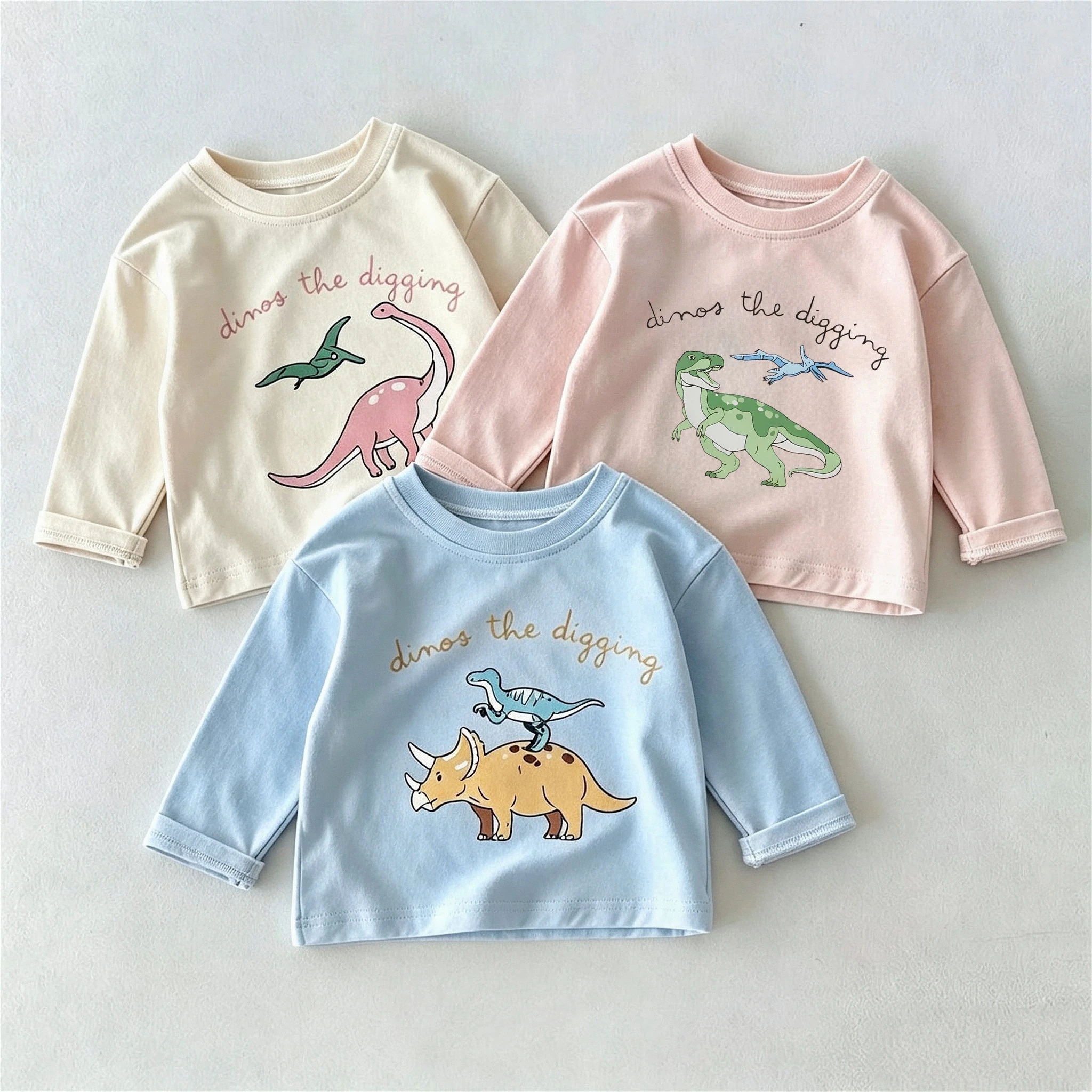 Dinosaur Pattern Long Sleeve Tshirt For Baby Girl Boy Clothes Autumn Kids Base Shirt Simple Versatile Casual O-neck Blouse 9m-7y