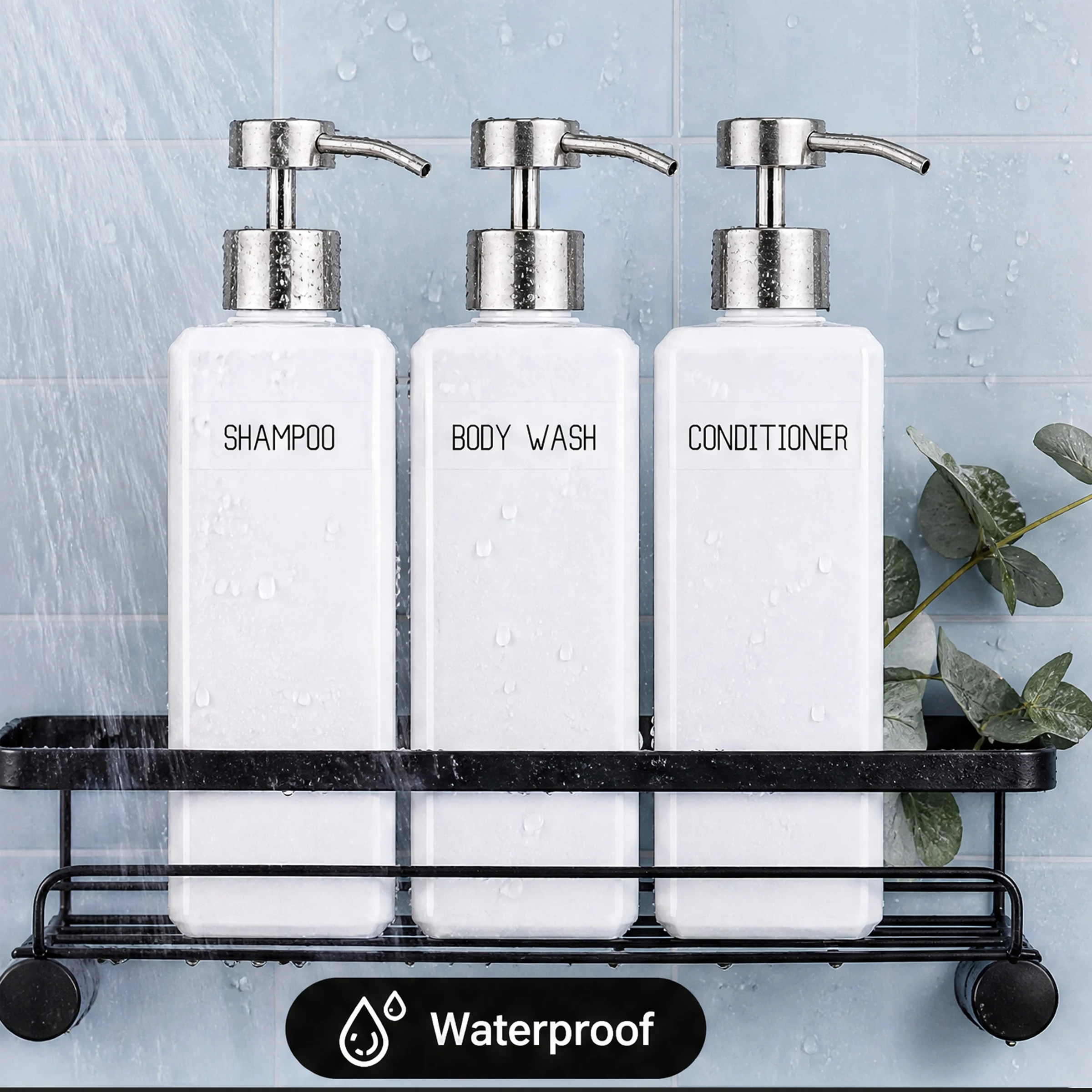 White Bathroom Shower Dispenser Bottles with Elegant Labels – Drip-Free Matte Pumps Keep Shower Niche and Powder Room Counter Dr