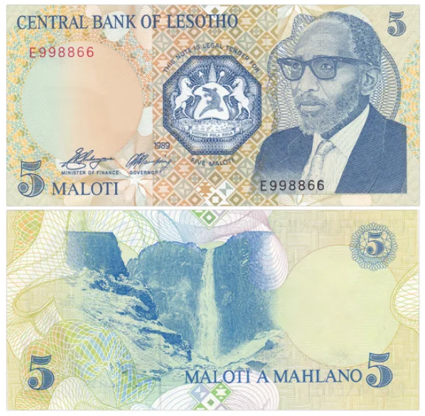 1989-1990 Lesotho 5 10 Maloti Original Notes UNC ( (Fuera De uso Ahora Collectibles)