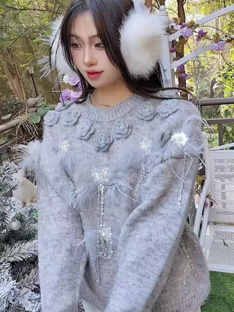 High-end Wool Blended Pullovers Handmade Hook 3D Flowers Crystal Bead Genuine Fur Sweater Women Autumn/Winter Outwears Jumpers