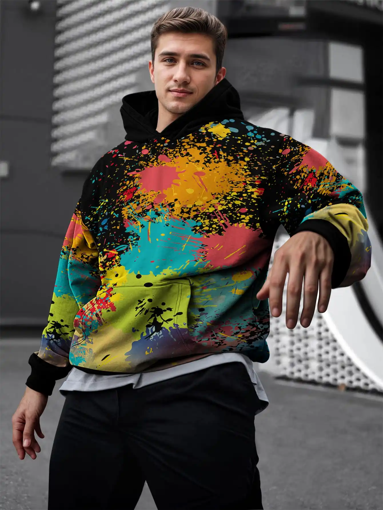 

Black and green contrast ink style 3D print pattern Hoodie style colorful marble pattern hooded sweatshirt cool street style
