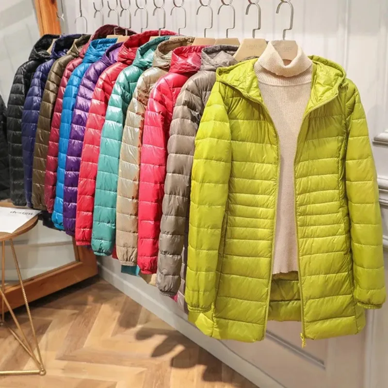 

Женский легкий пуховик, удлиненное теплое пальто до бедра, модное пуховое пальто с портативной сумкой для хранения, женские пальто-оверсайз