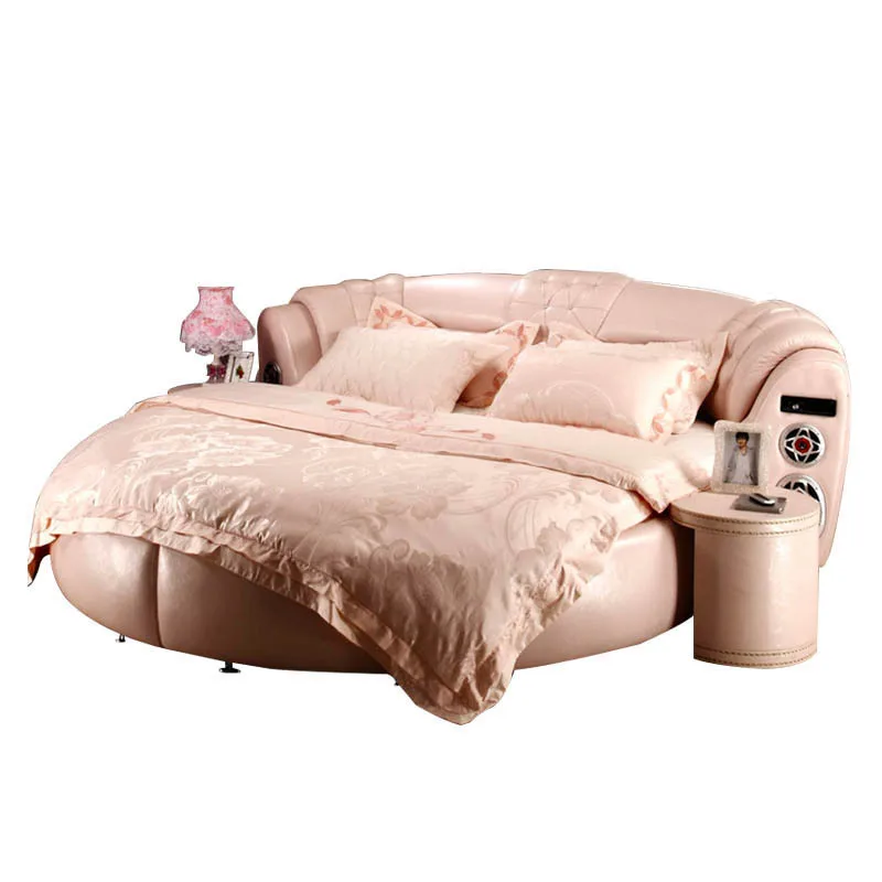 European-style leather large round bed, couple double wedding bed, personalized luxury master bedroom multi-functional audio