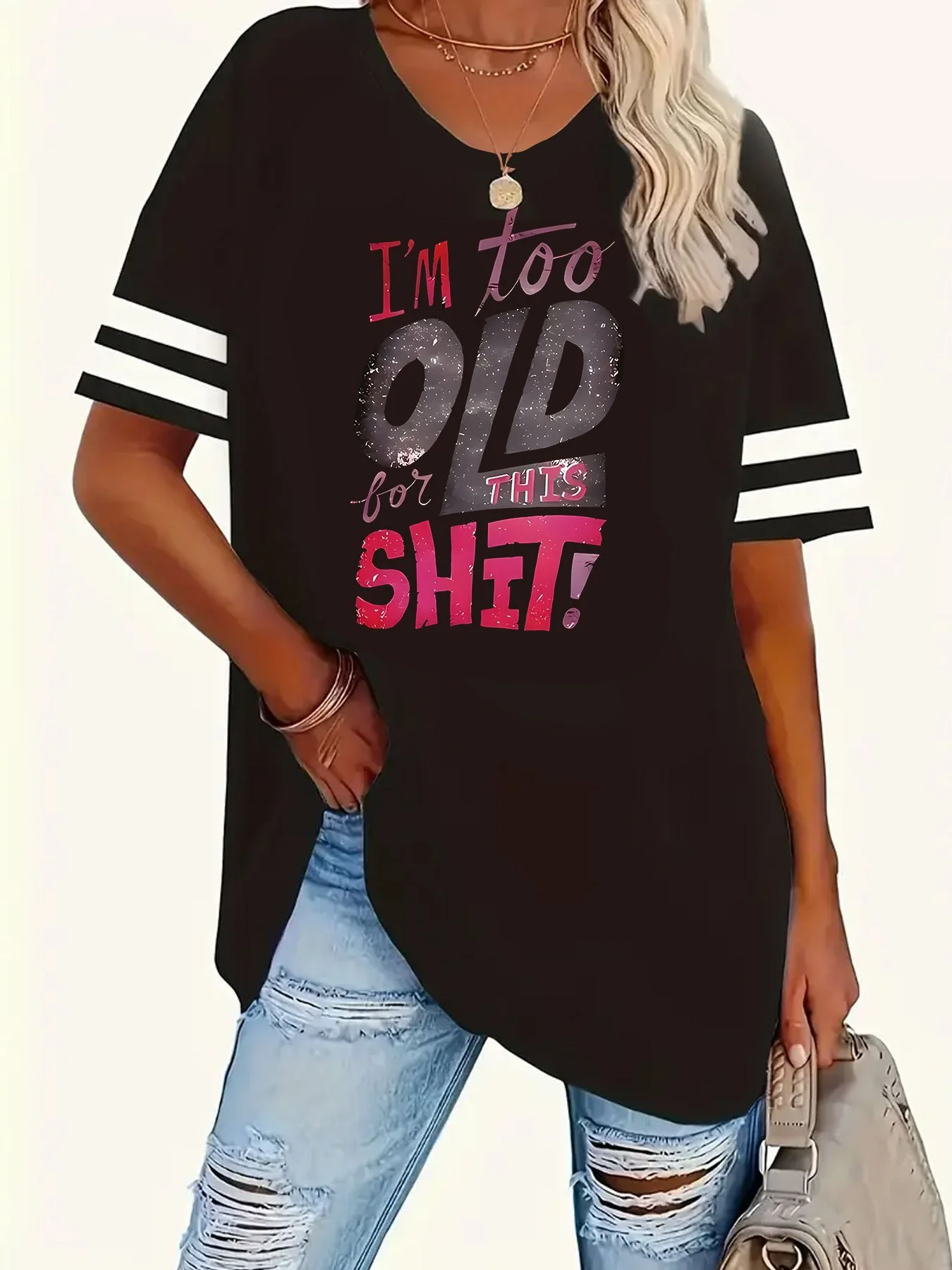 

Women's Printed round Neck Short Sleeve Striped T-Shirt Ribbed Collar 1-8XL Size Range Casual Top for All Sizes