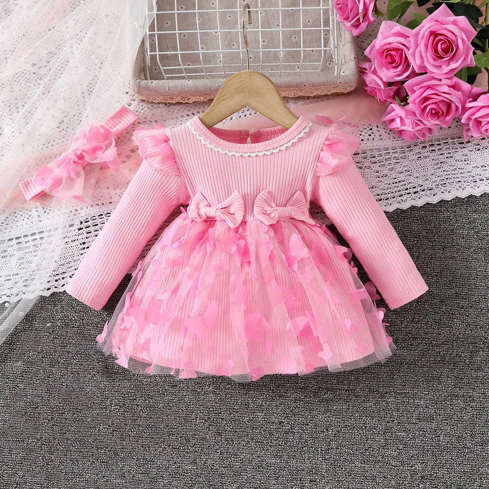 Autumn 3D Butterfly Lace Long sleeve Dress Toddler Baby Girl Outfit Birthday Party Princess Dress Tulle Costume with headband