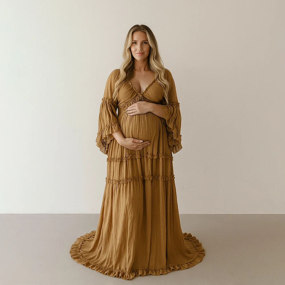 Boho Flowy Maternity Dress Photoshoot Long Sleeve Ruffle Maxi Pregnancy Gown Baby Shower Elegant Photography Outfit