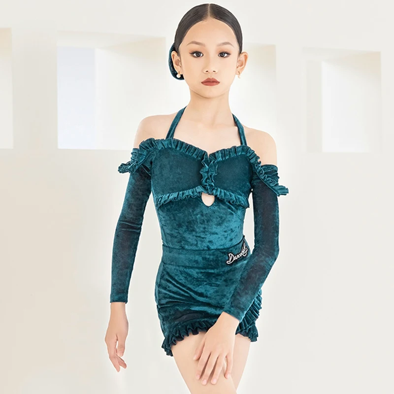 

2024 Kids Latin Dance Costume Girls Performance Clothes Long Sleeves Velvet Ruffled Dress Suit Rumba Cha Cha Dance Dress BL14076