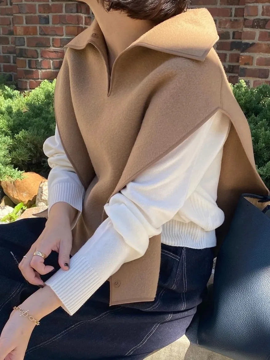 

Chic Autumn Winter Design Loose Casual Versatile Svel Color Tweed Vest Top for Women Turn-down Collar No Brand