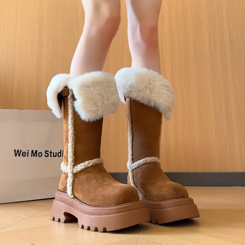 

Женские зимние сапоги на меху на платформе, сапоги до колена на плоской подошве, короткая плюшевая обувь, зимние теплые длинные сапоги, 2025 г., повседневные прогулочные ботинки Mujer Botas