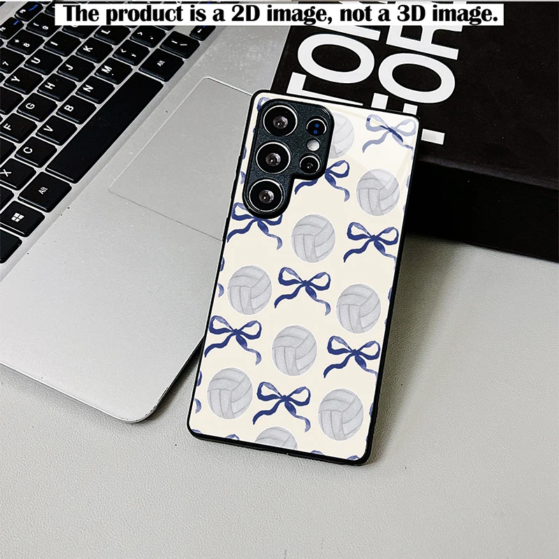 Blue Grey Volleyball Bow Phone Case,2D Print Black Glass Cover for Samsung S/A Series,Full Shockproof Protective Shell