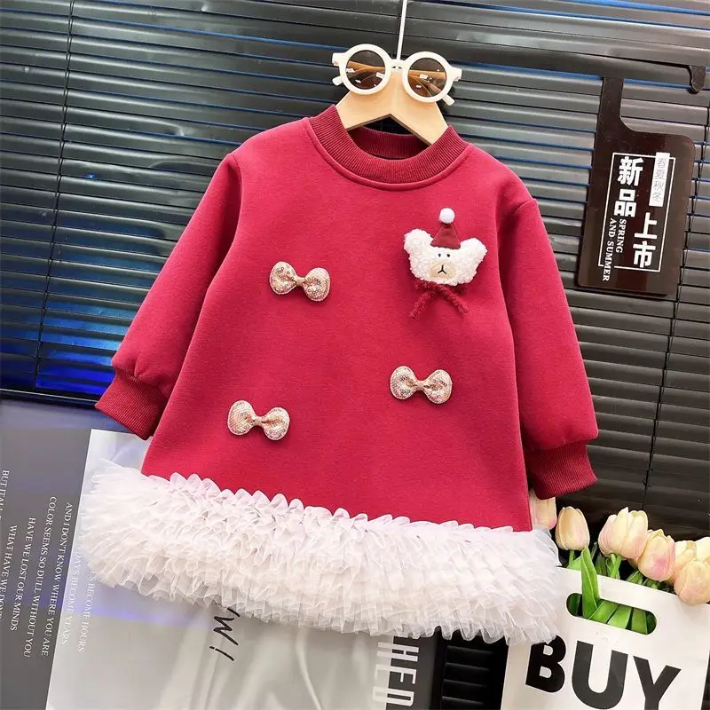Girls Dress 2027 Winter New Christmas Fashion Bow Knot Mesh Splicing Fleece Lined Sweatshirt Dress