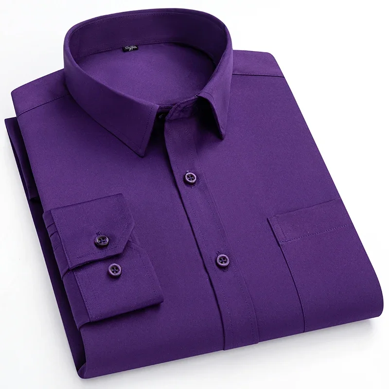 Men\'s Long-sleeved Shirts Solid Color Purple Pink Polyester Stretch Breathable New Fashion Style Slim Fit Business Casual Shirt