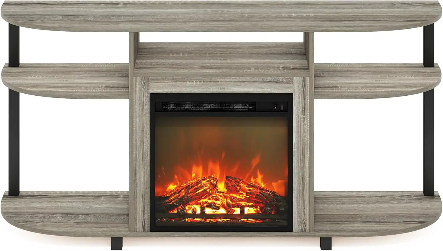 

Open Storage Curved Entertainment Center Stand with Fireplace for TV up to 55 Inch, French Oak Grey