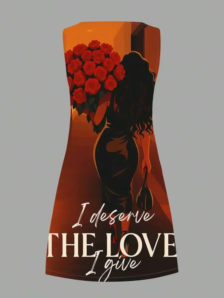 

I Deserve The Love I Give Printed Sleeveless Dress With Rose Silhouette Casual Wear