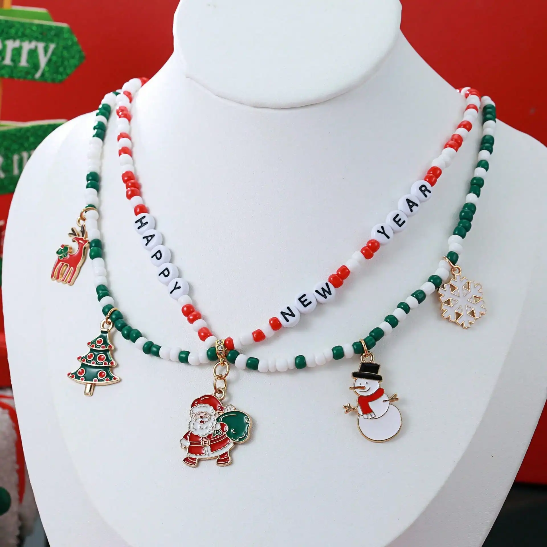 :HAPPY NEW YEAR Christmas Beaded Necklace – Santa Tree Reindeer Snowman Snowflake Pendant, Double Layer Stackable Jewelry,1shein,100,:IPhoneSamsungXia