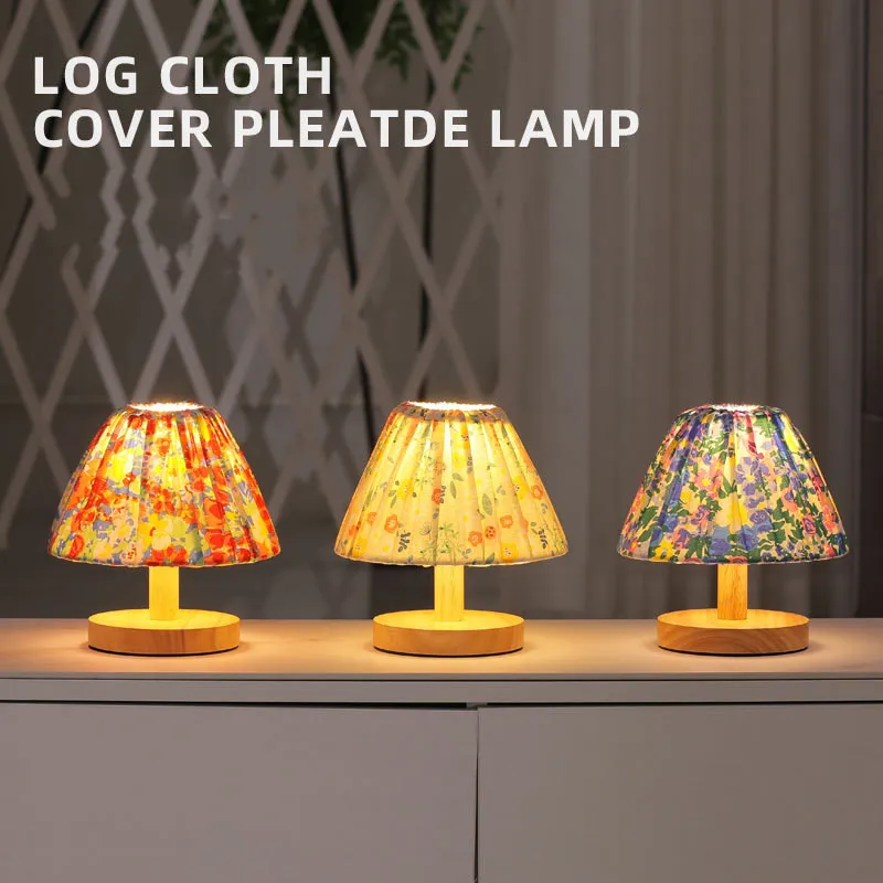 Pastoral Style Cloth Cover Solid Wood Small Table Lamp Retro Bedside Lamp Bedroom Girl Warm Night Light Decorative Lamp Nordic