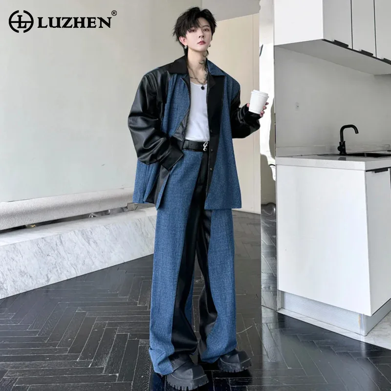 

LUZHEN Patchwork Faux Leather Design Denim Jacket Personalized Stylish Color Contrast High Street Men's Straight Pants LZ6669