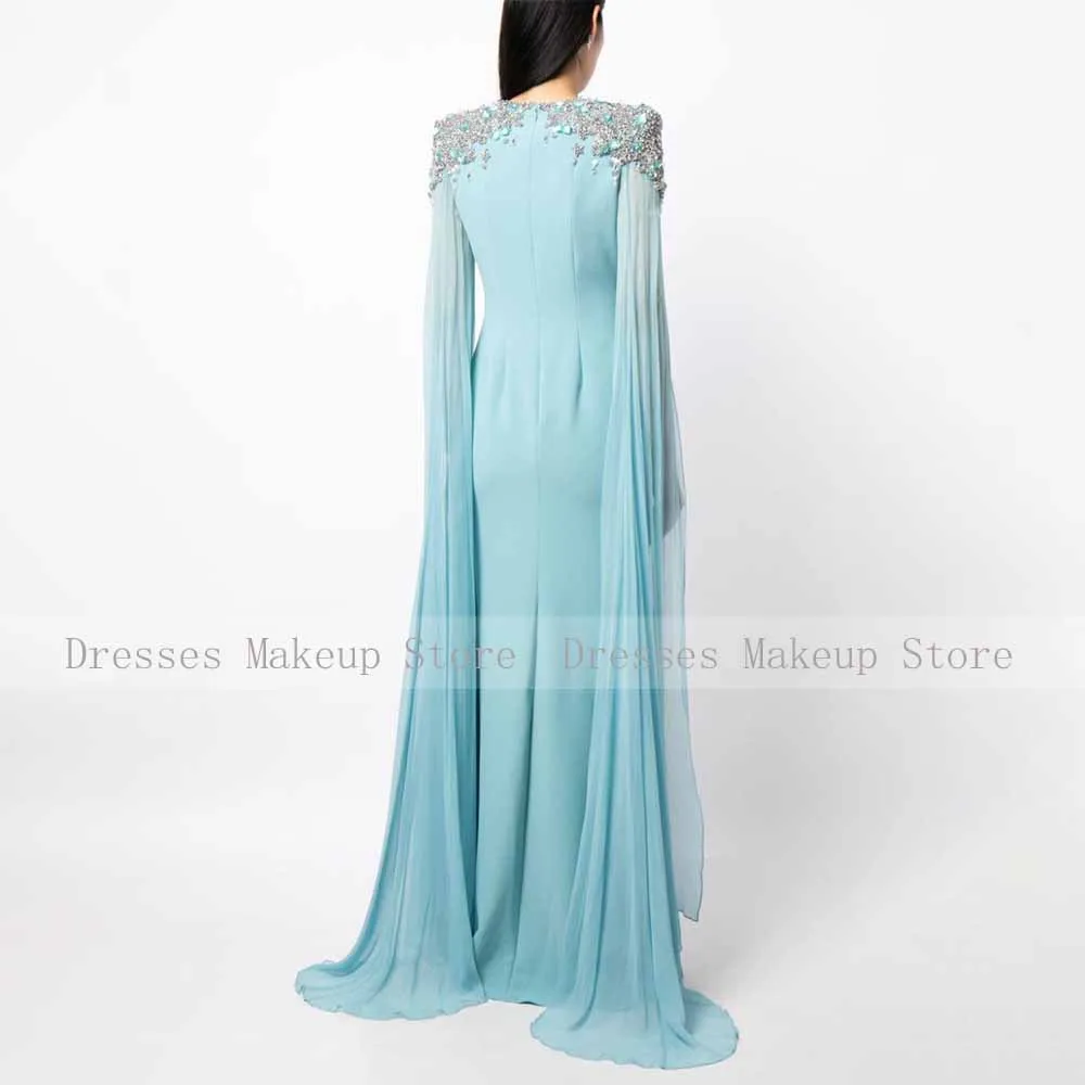 Light Sky Blue Wedding Party Dress Crystal Clock Sleeves O Neck Luxury Evening Dresses for Women Mermaid/Trumpet Evening Gowns