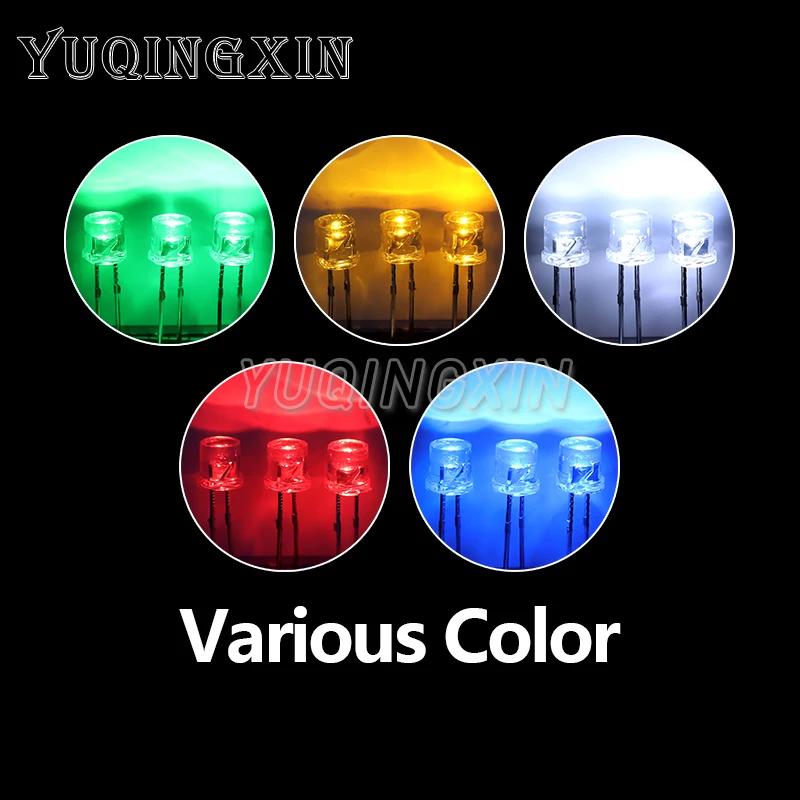 100pcs 5mm Flat Top White Red Yellow Blue Green Assorted Kit Lamp Diode LED Ultra Bright Bulbs Emitting Diode F5 DIY Light