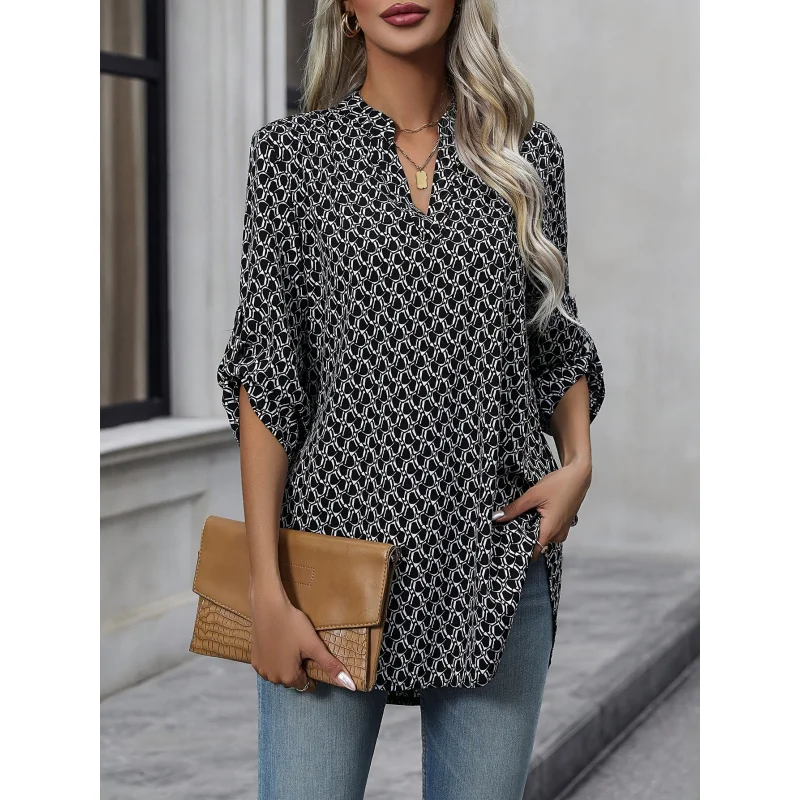 Elegant Women'S All-Over Printed Roll-Up Sleeve Curved Hem Shirt