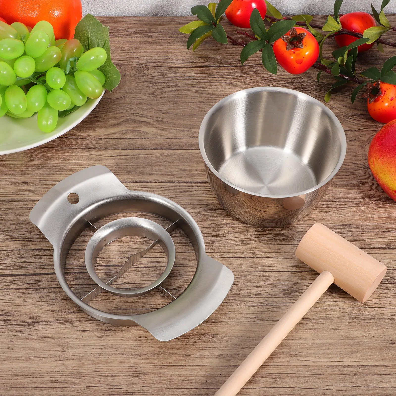 1 set 1 Set in acciaio inossidabile melograno Deseeder martello di legno strumento per sbucciare frutta gadget da cucina set di ciotole apri melograno